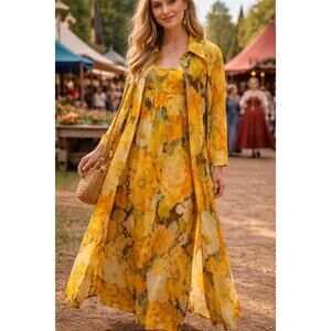 70s VTG Yellow Floral Maxi Dress Sheer Duster Set Boho Cottagecore Festival